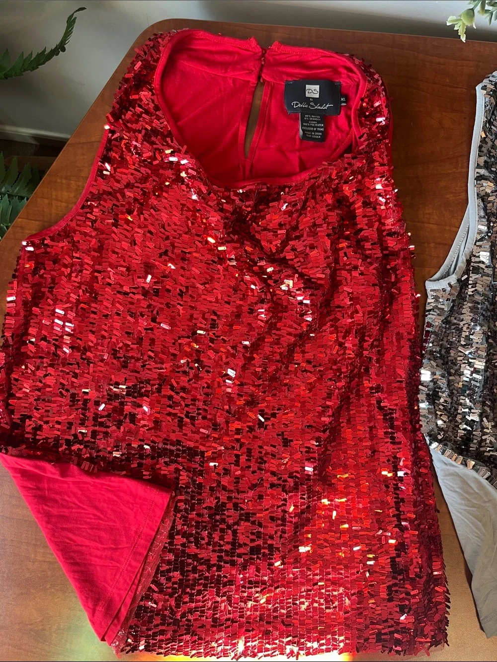 BOTH Sequin Party Tops Red & Silver Confetti Sequins Club Wear Drape Neck - Picture 5 of 15
